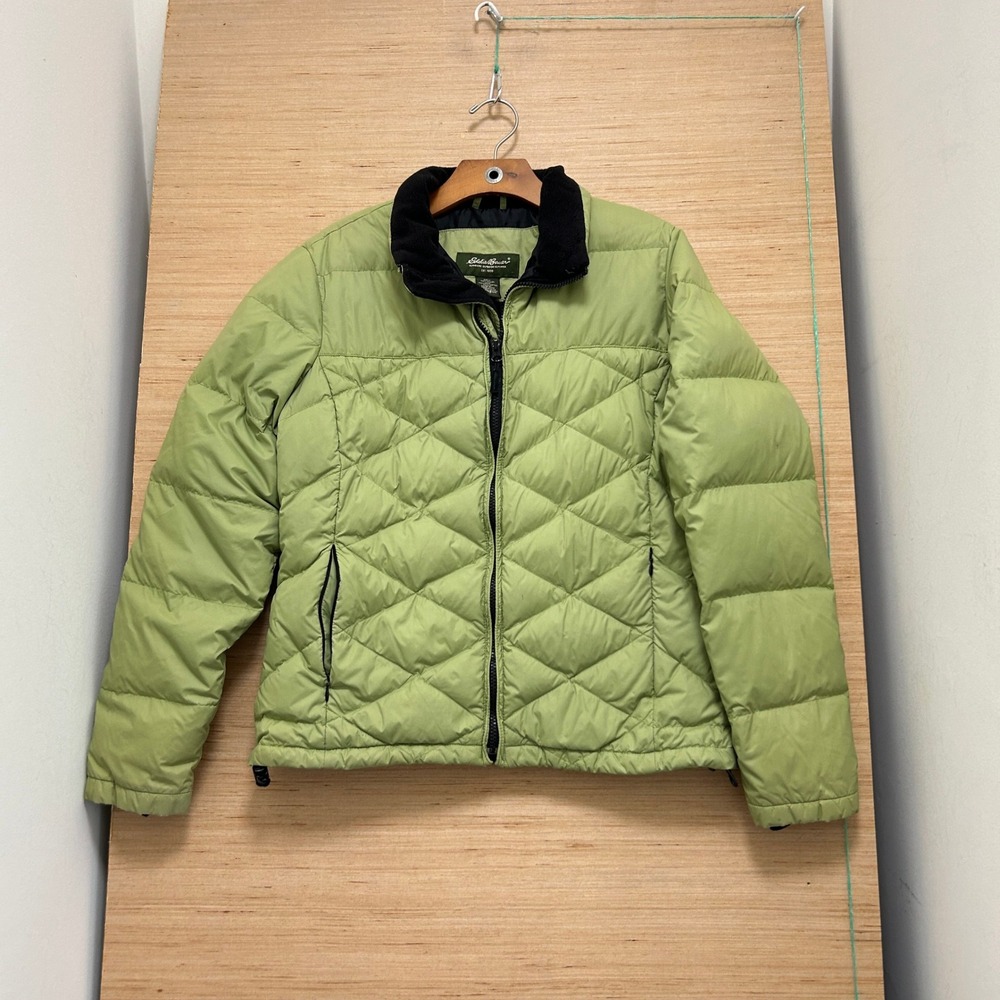 Eddie Bauer Womens M Green Diamond Quilted Goose Down Puffer Jacket Fleece Neck